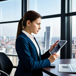 A professional female business analyst in a modest dark business suit and a light blouse, fully clothed, appropriate attire, professional dress. She is deeply focused, seated at a modern ergonomic desk, thoughtfully examining a digital tablet displaying complex, colorful data visualizations and abstract qualitative feedback patterns. Her expression is one of deep concentration and analytical thought. The background is a contemporary, bright office space with large windows showing a blurred city skyline. Other digital screens on the wall subtly display more abstract data trends. The atmosphere is calm and focused. Professional studio photography, high resolution, sharp focus, vibrant yet professional colors, clean aesthetic, perfect anatomy, correct proportions, natural pose, well-formed hands, proper finger count, natural body proportions, safe for work, appropriate content, fully clothed, professional, family-friendly.