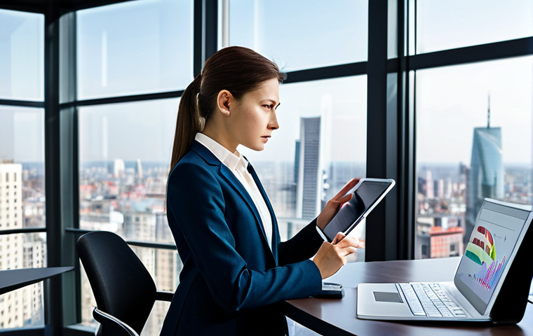 A professional female business analyst in a modest dark business suit and a light blouse, fully clothed, appropriate attire, professional dress. She is deeply focused, seated at a modern ergonomic desk, thoughtfully examining a digital tablet displaying complex, colorful data visualizations and abstract qualitative feedback patterns. Her expression is one of deep concentration and analytical thought. The background is a contemporary, bright office space with large windows showing a blurred city skyline. Other digital screens on the wall subtly display more abstract data trends. The atmosphere is calm and focused. Professional studio photography, high resolution, sharp focus, vibrant yet professional colors, clean aesthetic, perfect anatomy, correct proportions, natural pose, well-formed hands, proper finger count, natural body proportions, safe for work, appropriate content, fully clothed, professional, family-friendly.