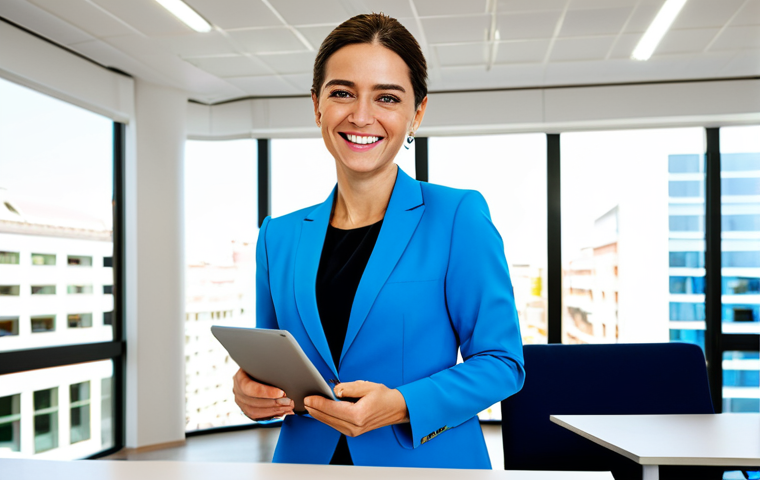 **
"A professional businesswoman in a bright, modern office in Madrid. She's wearing a stylish, yet modest, business suit – think vibrant colors! She's smiling confidently while reviewing data on a tablet. Safe for work, appropriate attire, professional environment, perfect anatomy, natural pose, family-friendly, high-quality."
**