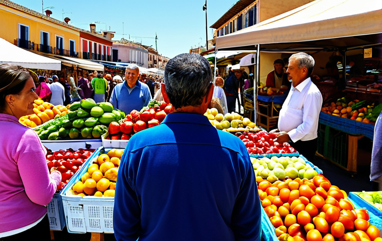 Thriving Organic Market**
"A bustling farmers market in a sunny Spanish town, overflowing with colorful organic fruits and vegetables. Farmers in traditional attire are interacting with customers. Focus on the vibrant colors and healthy produce. Safe for work, appropriate content, fully clothed, professional photography, family-friendly atmosphere."
**