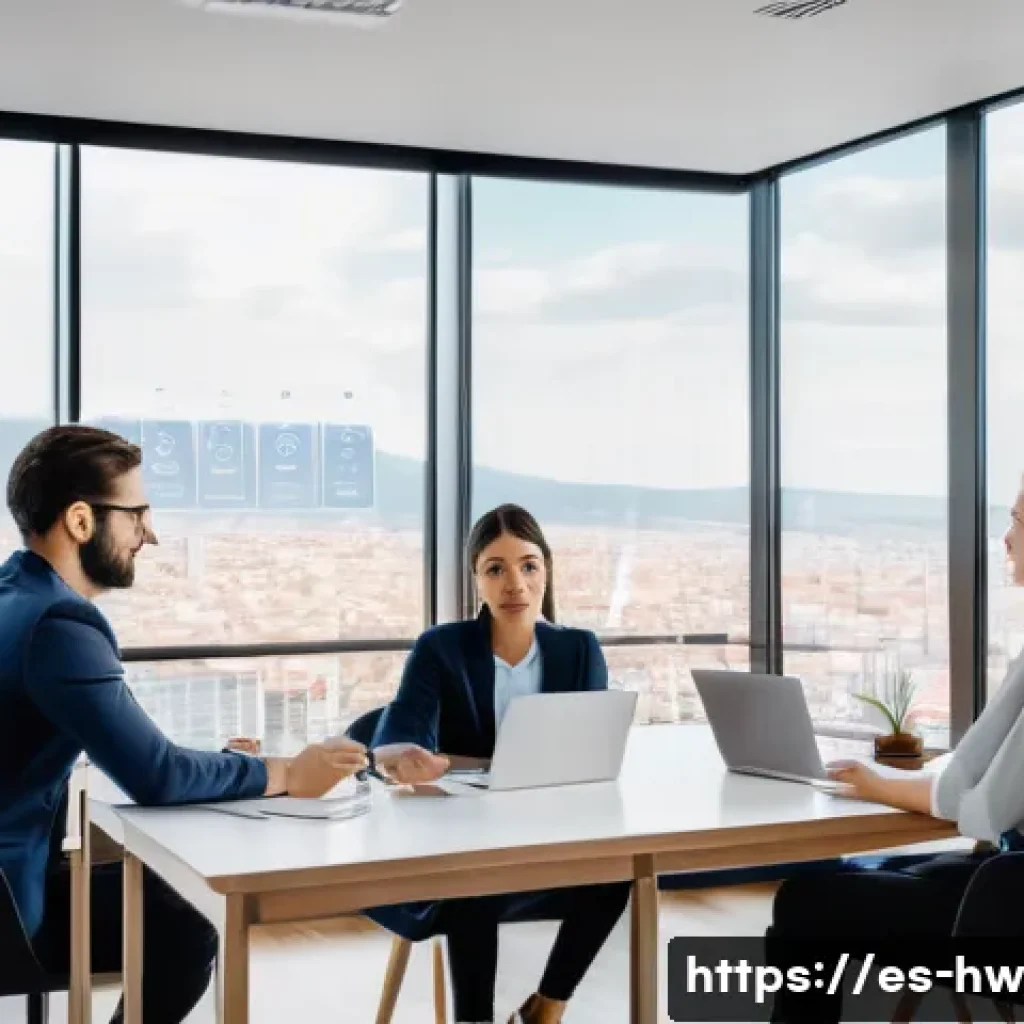 성장 구간에 따른 리스크 관리 방안 - A modern Spanish startup office scene showing a diverse team of young professionals engaged in a ris...