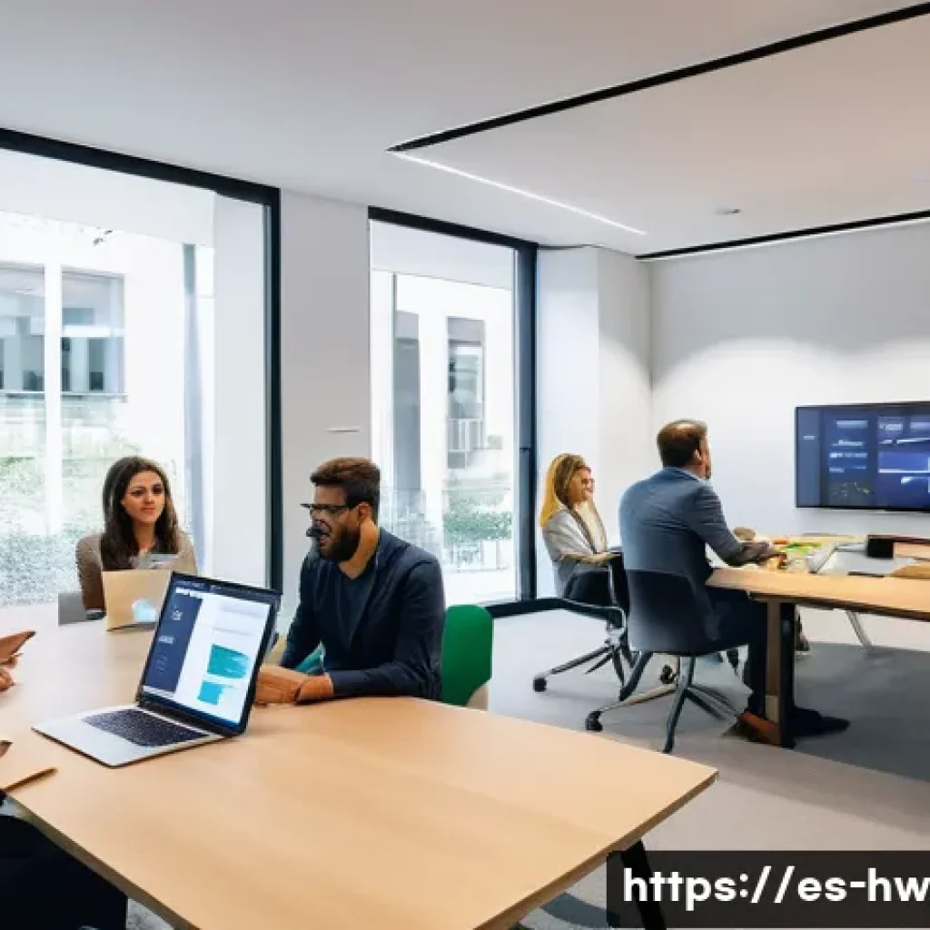 성장 구간 파악을 위한 리더십 전략 - A modern, diverse office environment in Spain showcasing a collaborative team meeting with employees...
