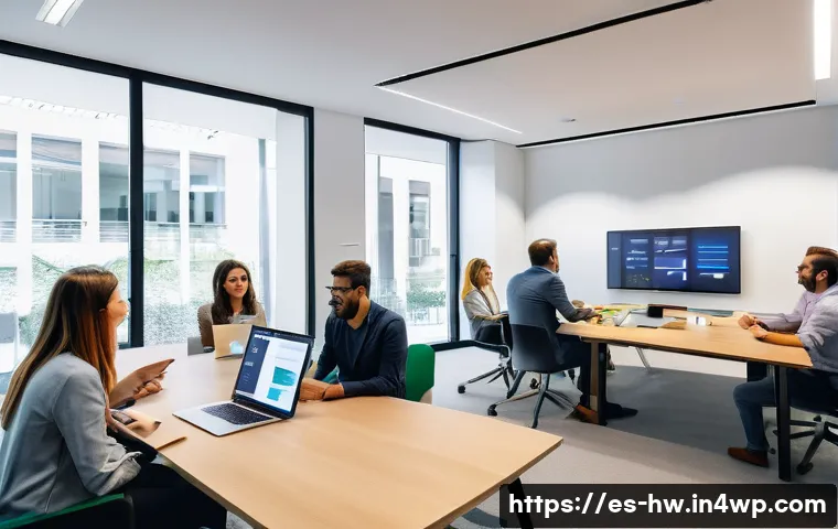 성장 구간 파악을 위한 리더십 전략 - A modern, diverse office environment in Spain showcasing a collaborative team meeting with employees...