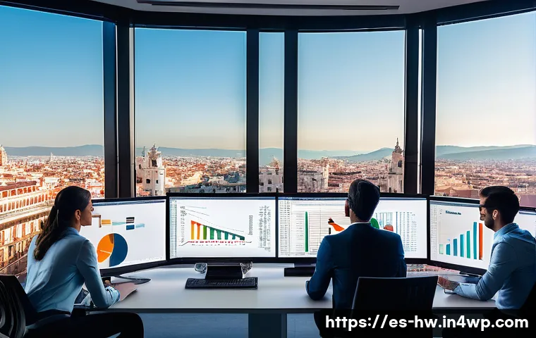 성장 구간 파악을 위한 KPI 설정 - A modern business office scene in Madrid, Spain, showing a diverse team of professionals analyzing c...