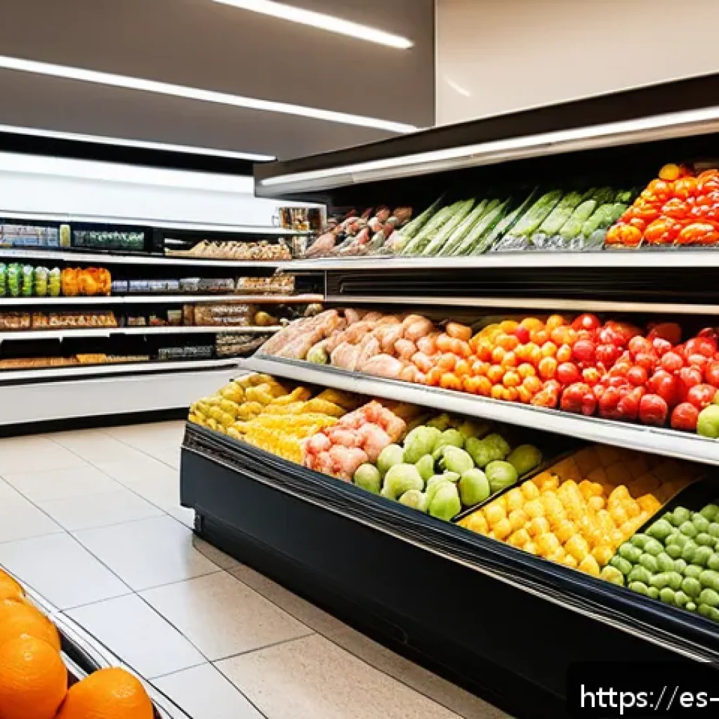 최적 성장 구간을 위한 유통 전략 - A vibrant urban supermarket scene in a Spanish city, showcasing a diverse range of consumer goods ne...