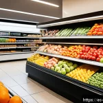 Home 18 최적 성장 구간을 위한 유통 전략 - A vibrant urban supermarket scene in a Spanish city, showcasing a diverse range of consumer goods ne...