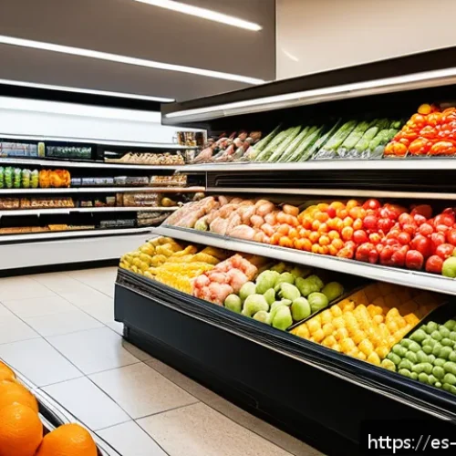 Home 30 최적 성장 구간을 위한 유통 전략 - A vibrant urban supermarket scene in a Spanish city, showcasing a diverse range of consumer goods ne...