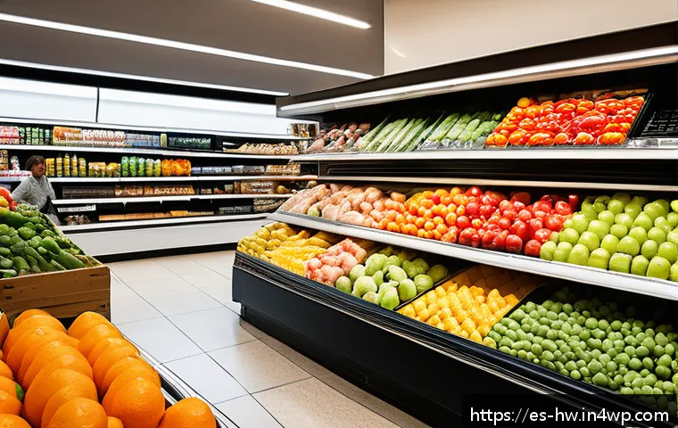 최적 성장 구간을 위한 유통 전략 - A vibrant urban supermarket scene in a Spanish city, showcasing a diverse range of consumer goods ne...