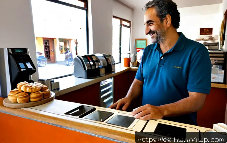 Home 13 성장 구간에 따른 고객 충성도 관리 - Photorealistic Spanish neighborhood café owner warmly greeting a returning middle-aged customer at a...